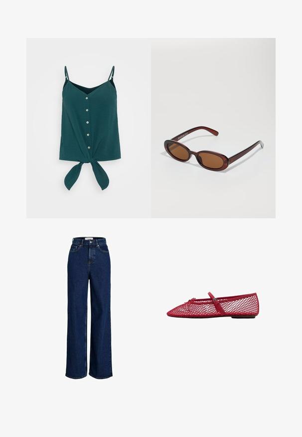 Ciemnozielony, bezrękawnik z zapięciem na guziki z przodu, dekoltem w serek i związaniem w talii. Wykonany z teksturowanej, lekkiej tkaniny.; Jeansy z wysokim stanem, ciemnoniebieskie, z szerokimi nogawkami, z przodu zapinane na guziki, z pięcioma kieszeniami.; Czerwone siateczkowe baletki z ostro zakończonym noskiem, z cienkim paskiem i zapięciem. Wierzch ma otwarty, plasterkowy wzór.; Okrągłe, brązowe okulary przeciwsłoneczne z błyszczącą bordową oprawą. Cienkie ramiona z subtelnym detalem marki. Płaski kształt soczewek.