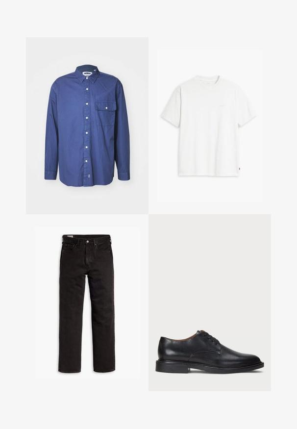 Camicia a maniche lunghe color blu navy con bottoni in tessuto intrecciato, dotata di colletto a punta, taschino frontale e bottoni bianchi lungo la pattina.; T-shirt bianca in cotone con maniche corte, colletto tondo e logo Levi's discreto stampato al centro. Texture morbida e vestibilità standard.; Jeans in denim neri a gamba dritta con cinque tasche, chiusura a bottone e passanti per cintura, adagiati su uno sfondo bianco.; Scarpa da uomo in pelle nera con punta rotonda, design con lacci e tacco basso impilato. Texture liscia con dettagli di cucitura minimi.