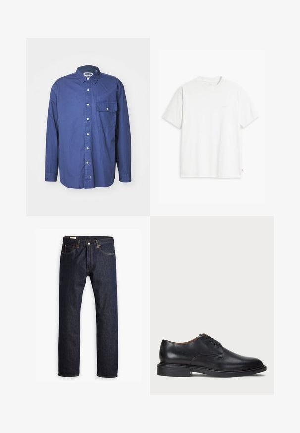 Tumši zila garām piedurknēm pogājama krekls no austas auduma, ar norādītu apkakli, priekšējo kabatu un baltām pogām gar pogu rindu.; Balta kokvilnas T-krekls ar īsām piedurknēm, apaļu kakla izgriezumu un maigi redzamu Levi's logotipu centrā. Mīksta tekstūra un standarta piegriezums.; Tumši zili džinsu bikses ar taisnu kāju dizainu, oranžām šuvēm un piecu kabatu stilu, ar metāla pogu aizdari.; Melnas ādas kleitu kurpes ar apaļu purngalu, auklu dizainu un zemu sakrautu papēdi. Gluda virsma ar minimālām šuvju detaļām.