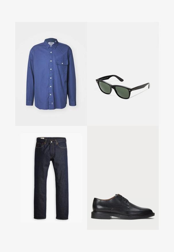 Tummansininen pitkähihaisen nappipaidan, joka on valmistettu kudotusta kankaasta. Paidassa on terävä kaulus, etutasku ja valkoiset napit nappilistan varrella.; Valkoinen puuvillainen t-paita, jossa on lyhyet hihat, pyöreä pääntie ja etupuolella vaalealla värillä painettu hillitty "Levi's"-logo.; Tummansininen farkkuhousu, jossa on suora lahje, oranssit tikkaus ja viisi taskua, sekä metallinappikiinnitys.; Musta nahkakenkä, jossa on pyöreä varvas, nauhakiinnitys ja matala tukipohja. Tasainen pinta, jossa on minimaalinen ommeltu yksityiskohta.; Mustat muoviset aurinkolasit, joissa on vihreät linssit, neliönmuotoiset kehykset, hopeinen yksityiskohta kulmakarvojen kohdalla sekä tekstuuriset temppeleiden varret. Brändi ilmoitettu sisävarsissa.