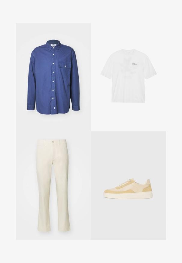 Tummansininen pitkähihaisen nappipaidan, joka on valmistettu kudotusta kankaasta. Paidassa on terävä kaulus, etutasku ja valkoiset napit nappilistan varrella.; Valkoinen puuvillainen t-paita lyhyillä hihoilla, jossa on edessä painatus "Liidä rauhallisuuteen" mustalla ja vihreällä.; Beige puuvillapantsid sirge jala disainiga, millel on nööbiga sulgemine ja küljetasku. Sile tekstuur ja lihtne stiil.; Tennarit vaaleankeltaisesta nukasta ja nahasta, joissa on pehmustettu pohja ja ommellut yksityiskohdat. Klassinen nauhoitettava muotoilu ja pyöreä kärki.