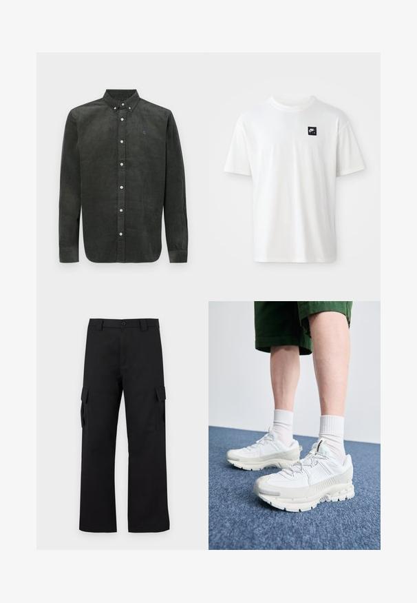 Dark green corduroy shirt with a button-down collar, long sleeves, and front button closure. Features subtle vertical stripes and logo.; White cotton t-shirt with short sleeves and a crew neck; features a small black rectangular Nike Air logo on the left chest.; Black cargo pants with a straight leg design. Made from durable fabric, featuring two side pockets with flap closures and a button fly.; White athletic shoes with textured overlays, a chunky sole, and gray accents. Worn with white crew socks and green shorts on a blue surface.