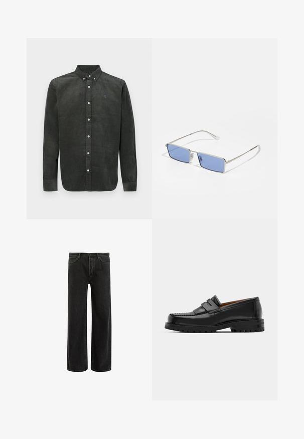 Temno zelena kordna srajca z ovratnikom na gumbe, dolgimi rokavi in sprednjim zapiranjem na gumbe. Ima subtilne vertikalne črte in logo.; Črne široke kavbojke iz denima z visokim pasom, ki vključujejo klasičen pet-pocket dizajn in subtilno blodenje, kar daje teksturiran videz.; Črne usnjene loafersice imajo dvignjen šiv, dve dekorativni trakovi na zgornjem delu in debel strukturiran podplat za boljši oprijem.; Kovinske sončne očala pravokotne oblike, z modrimi lečami in srebrnim okvirjem. Imajo nosne blazinice in tanke, ravne ročaje.