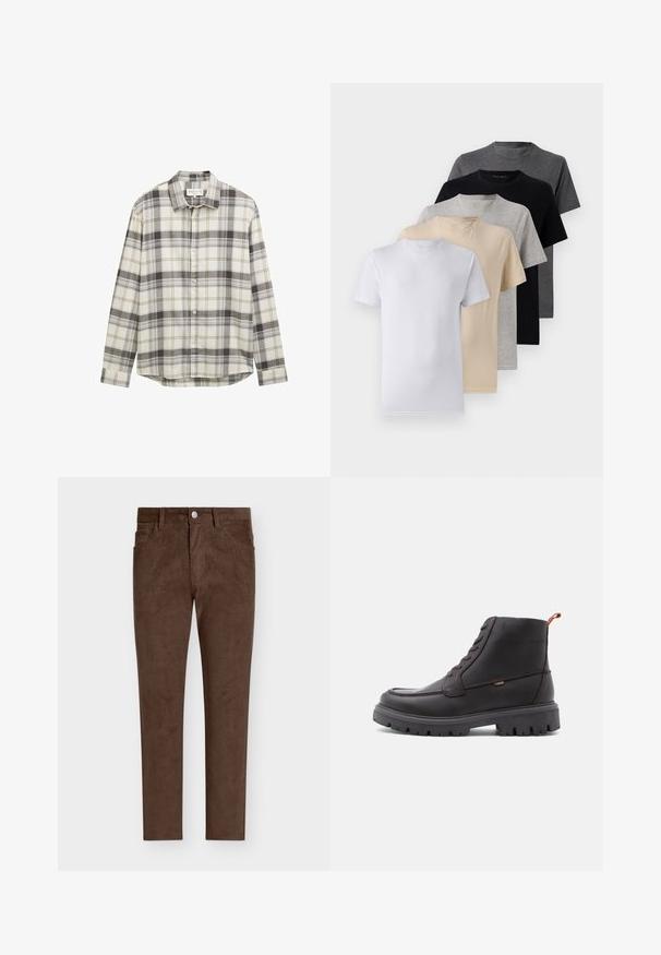 Langarmige geruite overhemd in beige en grijstinten, met een button-down kraag en een rechte zoom. Gemaakt van gestructureerde stof.; Set van vijf T-shirts met korte mouwen in wit, beige, lichtgrijs, donkergrijs en zwart. Gemaakt van gladde katoen en voorzien van een ronde hals.; Bruine corduroy broek met een rechte snit, voorzien van een knoopsluiting, voorzakken en een verticale ribbelstructuur door het hele ontwerp.; Bruine leren enkellaarzen met ronde neus, ton-sur-ton stiksels, robuuste zwarte rubberen zool en een oranje trekband aan de hiel.