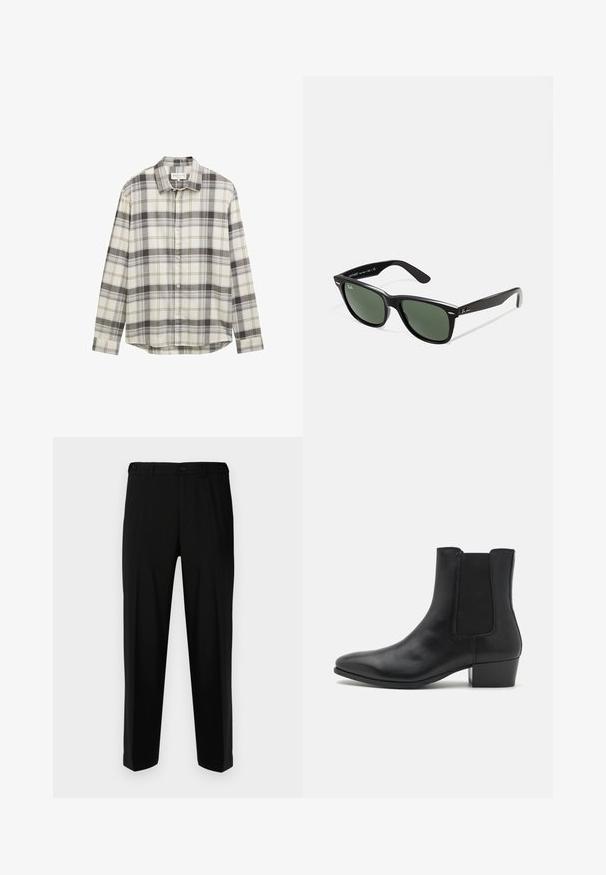 Camisa de manga larga de cuadros en tonos beige y gris, con cuello abotonado y dobladillo recto. Fabricada con tela texturizada.; Pantalones negros de tela suave, con corte recto, dos bolsillos frontales y cremallera con cierre de botón.; Zign LEATHER - Botines - black; Gafas de sol de plástico negro con lentes verdes, montura cuadrada, acento plateado en la ceja y brazos texturizados. Marca indicada en el brazo interno.