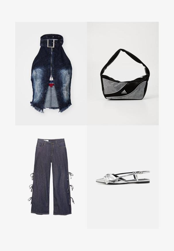 Jaded London LACE UP - Top - denim; Mørkeblå denim bukser med bred benvidde, sidelukninger og knaplukning. Har forlommer og en afslappet silhuet.; Sølvmetallic slingback flade sko med spids tå, der har en knude-detalje foran og en justerbar rem for sikker pasform.; Sort og sølv adidas taske med en glat tekstur, prydet med et skinnende nittermønster og et karakteristisk buet design.