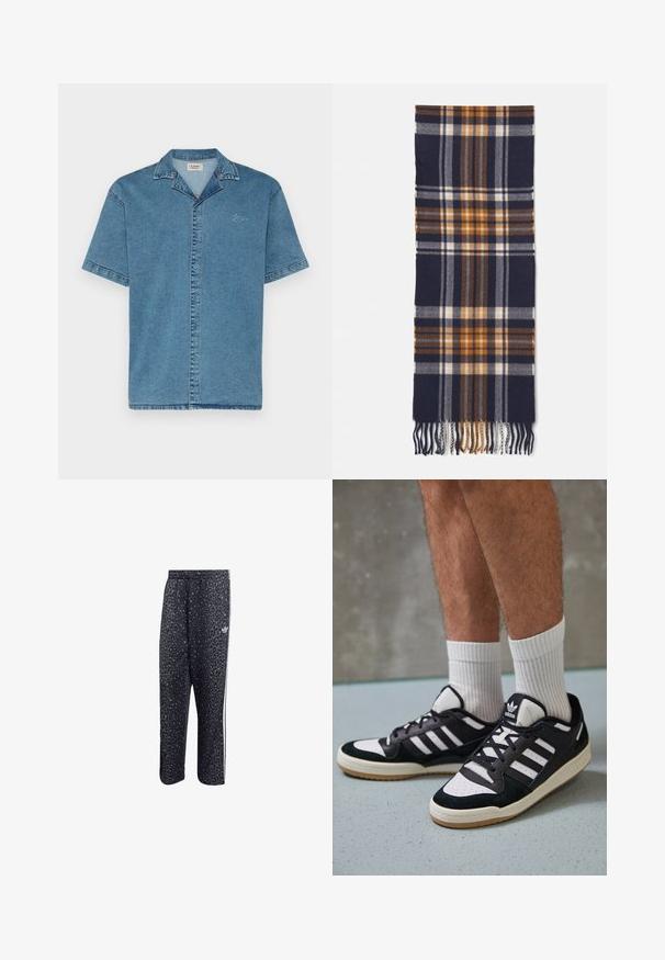 Denim Project LOOSE FIT SHORT SLEEVE DENIM - Krekls - light blue washed; Melnas sporta bikses ar leopardu rakstu, ar baltu trīs svītru dizainu un sporta zīmola logo sānos.; Melnas un baltas kedas ar zamša un ādas augšdaļu, kas aprīkotas ar trim baltām svītrām, perforētu purngali un gumijas zolēm.; Jūras zilas krāsas šahs šalle, izgatavota no maiga materiāla, ar oranžām, baltām un brūnām plēves rakstiem, ar franjām galiem, kas piešķir tekstūru.