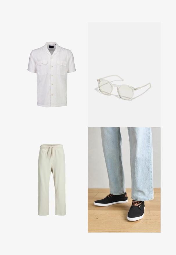 Kurze weiße Leinenbluse mit Kragen, zwei Brusttaschen und Knopfverschlüssen mit hellen Knöpfen.; Rippige, cremefarbene Hose mit elastischem Bund und Kordelzug, die einen lockeren Schnitt und eine gerade Beinform bietet.; Schwarze Leinen-Sneaker mit braunen Akzenten, weißen Gummisohlen und braunen Schnürsenkeln, kombiniert mit hellblauen Straight-Leg-Jeans. Hintergrund mit Holzboden.; Runde Sonnenbrillen mit transparentem Rahmen, hellgrünen Gläsern und dünnen, klaren Bügeln. Besitzt dezente Hardware-Elemente am Rahmen.