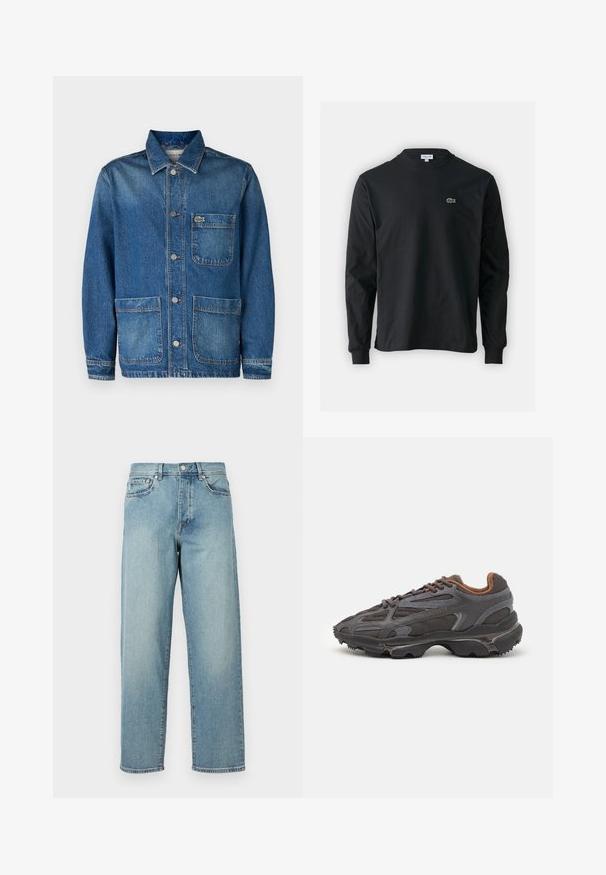 Chaqueta de mezclilla en azul oscuro con un collar clásico, bolsillos frontales y cierre de botón. Presenta un pequeño logo bordado en el bolsillo del pecho.; Camiseta de manga larga negra de algodón, con escote redondo y un pequeño logo de cocodrilo bordado en verde en el lado izquierdo del pecho.; Jeans de mezclilla azul claro con un corte amplio, piernas rectas, diseño de cinco bolsillos y cierre de botón en la cintura. Detalle de costura minimalista.; Zapatillas Lacoste en gris oscuro con material de malla y sintético, que cuentan con una suela texturizada y detalles en marrón en el cuello y la marca.