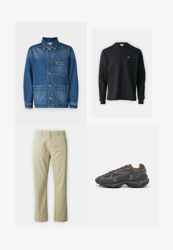 Tumši zils džinsu jaku ar klasisku apkakli, priekšējiem kabatām un pogu aizdari. Pieder maza izšūta logo uz krūšu kabatas.; Melna garām piedurknēm t-krekls, izgatavots no kokvilnas, ar apaļu kakla izgriezumu un mazu zaļu izšūtu krokodila logo kreisajā krūtī.; Beidzīgo kokvilnas bikses ar taisnu kāju piegriezumu, priekšējo pogu aizdari un jostas cilpām. Gluda tekstūra, nav redzamu rakstu vai akcentu.; Lacoste kedas tumši pelēkā krāsā ar acu audumu un sintētisko materiālu, ar teksturētu zoli un brūniem akcentiem apkaklītē un zīmola uzrakstā.