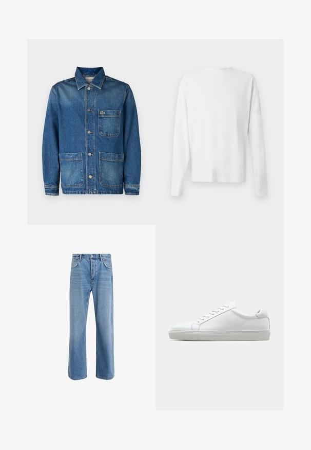 Giubbotto in denim blu scuro con colletto classico, tasche frontali e chiusura con bottoni. Presenta un piccolo logo ricamato sulla tasca del petto.; Camicia bianca in cotone a maniche lunghe con scollatura rotonda, spacchi laterali in fondo e una texture liscia, mostrata da dietro.; Jeans in denim blu chiaro con design a gamba dritta, cinque tasche, chiusura con bottone, leggero sbiadimento e dettagli di cucitura a contrasto.; Sneaker bianco con tomaia in pelle liscia e profilo basso. Presenta una punta arrotondata, sei occhielli e una suola in gomma testurizzata.