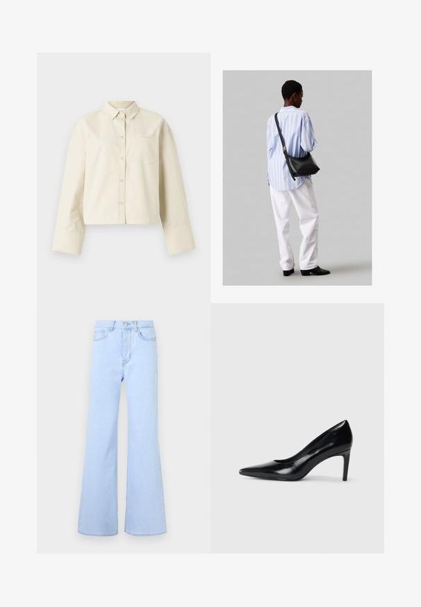 Rövidített, világos bézs színű, pamutból készült ing, hegyes gallérral, elöl gombos záródással és egyetlen mellzsebbel, amelyen egy diszkrét logó található.; Világoskék, bő szárú farmernadrág, magas derékkal, öt zsebbe, gombos záródással és sima denim textúrával. Szélek szépen varrottak.; Fekete bőr magassarkú cipő, hegyes orral, sima textúrával és kúpos sarkal. Minimalista dizájn, nincsenek további díszítések.; Fekete bőr válltáska puha tapintással, háromszög alakú, állítható pánttal, világoskék csíkos inggel és fehér nadrággal párosítva.