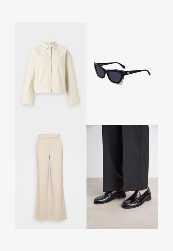 Gekürztes, hellbeiges Hemd aus Baumwolle mit einem spitzen Kragen, vorderem Knopfverschluss und einer einzelnen Brusttasche mit einem dezenten Logo.; Beige weite Hosen mit glatter Textur, ausgestattet mit einem hohen Taillenbund und zwei vorderen Taschen. Schlichtes Design mit taillierter Passform.; Schwarze Lederloafers mit glatter Oberfläche, genähten Details um die Zehen und einer niedrigen Gummisohle. Kombiniert mit weiten schwarzen Hosen.; Schwarze übergroße Sonnenbrille mit geometrischer Form, ausgestattet mit dunklen Gläsern und einem kontrastierenden grauen Detail im Rahmen. Logo am Bügel.