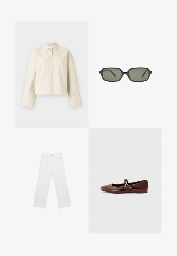 Afkortet, lysbeige skjorte lavet af bomuld, med spids krave, frontknaplukning og en enkelt brystlomme med et subtilt logo.; Hvide denim bred ben bukser med en klassisk fem-lomme design, metalhardware og kontraststing. Glat tekstur og afslappet pasform.; Brun patentlæder balletflade med firkantet tå og strop med en lille guldbuckle. Glat tekstur, lav hæl og minimalistisk design.; Sorte rektangulære solbriller med mørkegrønne linser, der har et fladt design, minimalistiske sider og en letvægtsramme for komfort.