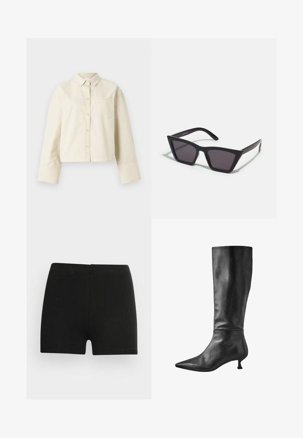 Przycięta, jasnobeżowa koszula wykonana z bawełny, z wysmuklonym kołnierzykiem, zamknięciem na guziki z przodu oraz pojedynczą kieszonką na piersi z subtelnym logo.; Czarnie bawełniane szorty o dopasowanym kroju i elastycznym pasie. Gładka tekstura, długość do połowy uda, bez widocznych wzorów czy akcentów.; Czarne skórzane botki do kolan z wąskim noskiem i niskim słupkowym obcasem, charakteryzujące się gładką teksturą i elegancką sylwetką.; Czarne, kanciaste okulary przeciwsłoneczne z szarymi soczewkami; wykonane z plastiku, z grubymi zausznikami o gładkiej powierzchni i bez widocznych elementów metalowych.