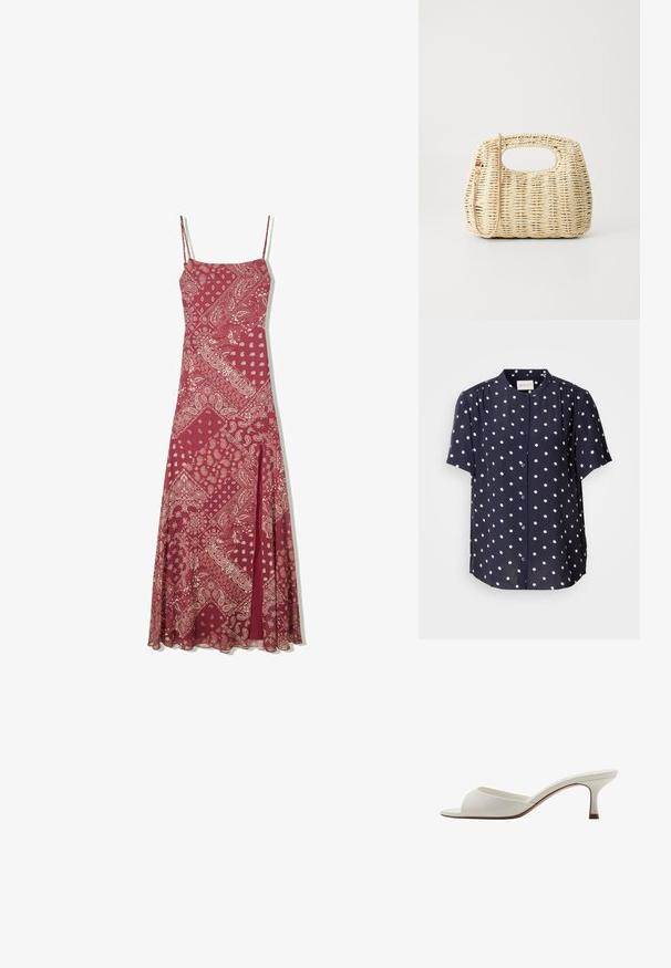 Blusa a maniche corte blu navy con pois bianchi, dotata di chiusura a bottoni e colletto rotondo. Realizzata in tessuto leggero.; Lungo vestito bordeaux con spalline sottili, caratterizzato da un motivo paisley color crema, una linea dritta e uno spacco frontale per facilitare i movimenti.; Mule con tacco alto, aperti davanti e di colore bianco, con una finitura liscia, design minimalista e tacco slanciato, caratterizzati da un sottile accento marrone sulla suola.; Borsa in paglia intrecciata di colore beige chiaro, dalla forma arrotondata, con apertura superiore e tracolla removibile. Texture notevole e motivo di intreccio intricato.