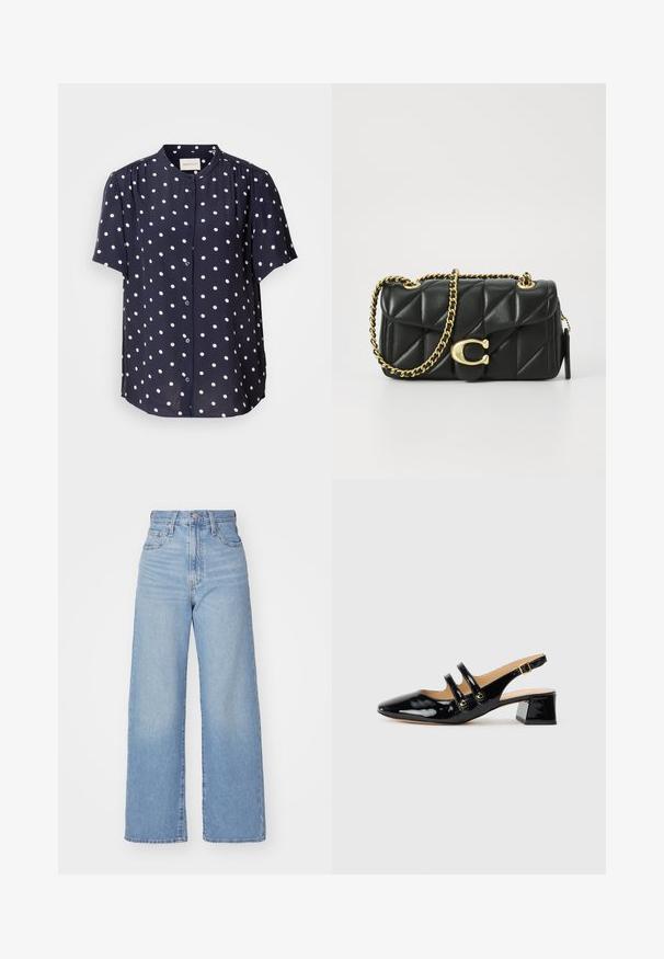Tamnopisna bluzo s kratkimi rokavi z belimi pikami, ki ima gumbasto zapiranje spredaj in okrogli ovratnik. Narejena iz lahkega materiala.; Svetlo modri visokorasli široki traper hlače z sprednjim gumbom in zadrgo, sprednjimi in zadnjimi žepi, na belem ozadju.; Črne patentne usnjene sandalete s špicastim nosom, dvema trakovoma, zlatimi okroglimi detajli in nizko blokasto peto.; Črna kviltana usnjena torbica z zlatim verižnim ročajem in zapiranjem z obročkom, ki ima okroglo okrasje. Kompaktna pravokotna oblika.