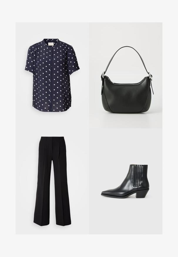 Tamsiai mėlyna trumpomis rankovėmis palaidinė su baltomis taškeliais, su mygtukų užsegimu priekyje ir apvaliu apykakle. Pagaminta iš lengvos medžiagos.; Juodos kelnės, pagamintos iš lygaus audinio, su aukštu juosmeniu, plačiomis kojomis ir dviem priekinėmis klostėmis, suteikiančiomis papildomą dizaino detalę.; Juodas odinis aukšto bato konstrukcijos batas su smailiu nose, elastingais šoniniais paneleis su vertikaliomis grioveliais ir žemu blokuota pakulne. Lygi tekstūra ir elegantiškas dizainas.; Juodas odinis rankinė su išlenkta forma, sidabro užtrauktuku ir trumpa rankena. Pirmoje pusėje yra subtilus logotipas ir glotni tekstūra.