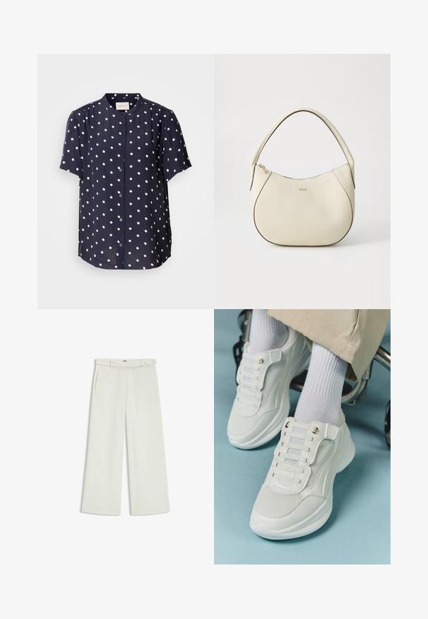 Navyblauwe blouse met korte mouwen en witte stippen, met een knoopsluiting aan de voorkant en een ronde kraag. Gemaakt van lichtgewicht stof.; Wijde broek in licht crèmekleurige stof, met zijzakken, een platte voorkant en een enkele knoopsluiting bij de taille. Glad van textuur.; Witte sneakers met een mesh materiaal, rubberen zool, vetersloze uitvoering met elastische banden en gouden accenten.; Crème-kleurige handtas met een gestructureerde afwerking, gebogen vorm, korte handgreep en een goudkleurige logo-applicatie. Ritsafsluiting aan de bovenkant.