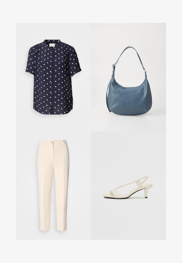 Navy blue short-sleeve blouse with white polka dots, featuring a button-up front and a round collar. Made of lightweight fabric.; Cream-colored, high-waisted trousers made of textured fabric. Features a front button closure and tapered legs.; Beige block-heeled sandals with thin straps and a square toe. Smooth material with minimal detailing, designed for easy wear.; Blue leather handbag with a rounded shape, single shoulder strap, zip closure, and embossed brand name on the front. Smooth texture.