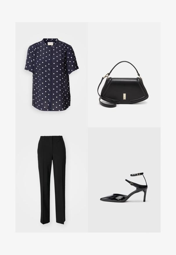 Navy blue short-sleeve blouse with white polka dots, featuring a button-up front and a round collar. Made of lightweight fabric.; Black tailored trousers with a straight-leg design, featuring a smooth texture and crisp creases along the front. No visible hardware.; Black patent leather heels with a pointed toe, adjustable ankle straps, and a slender heel. Smooth texture with a shiny finish.; Black leather handbag with a structured design, featuring a cropped shape, top handle, and gold hardware accent. Adjustable shoulder strap included.