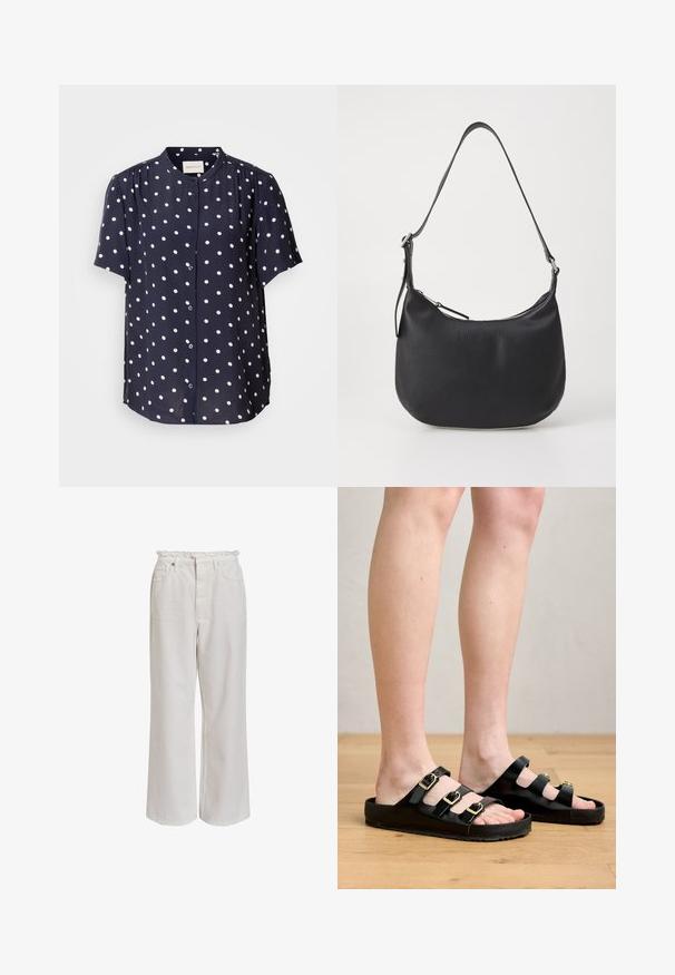 Tamnopisna bluzo s kratkimi rokavi z belimi pikami, ki ima gumbasto zapiranje spredaj in okrogli ovratnik. Narejena iz lahkega materiala.; Bela široka hlače s nabranim pasom, sprednjimi žepi in gladko, mehko teksturo. Narejene iz lahke bombažne tkanine.; Črne sandale iz gladkega materiala, ki imajo tri nastavljive trakove z zlatimi zaponkami in ravno podplat s teksturiranim gripom.; Črna usnjena torbica za ramo s ukrivljeno obliko, zadrgo in nastavljivim trakom. Na sprednji strani ima embosirano blagovno znamko.