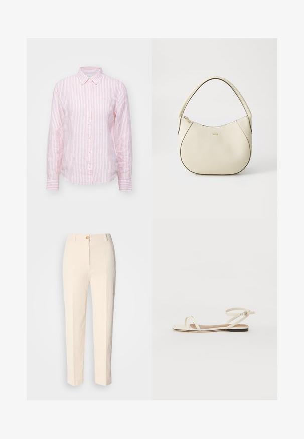 Pink and white striped button-up shirt with long sleeves, made from a lightweight fabric, featuring a classic collar and a curved hem.; Cream-colored, high-waisted trousers made of textured fabric. Features a front button closure and tapered legs.; Flat sandals in cream leather with thin cross straps, ankle strap with buckle, minimalistic design, and a contrasting black sole.; Cream-colored handbag with a textured finish, curved shape, short handle, and gold-tone logo detail. Zipper closure at the top.