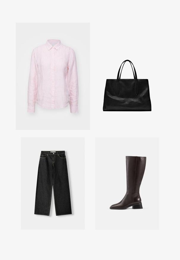 Rosa- und weiße gestreifte Knopfleiste mit langen Ärmeln, aus leichtem Stoff gefertigt, mit klassischem Kragen und geschwungenem Saum.; Schwarze Jeans mit weitem Bein aus Denim, mit fünf Taschen, metallischem Knopf und Reißverschluss und kontrastierenden gelben Nähten entlang der Nähte.; Knöchelhohe, braune Lederstiefel mit glatter Oberfläche, abgerundeter Spitze und gestapeltem schwarzen Absatz. Schlichtes Design mit minimalen Hardware-Details.; Schwarze Leder-Tote mit zwei langen Griffen, einer strukturierten Form, glatter Textur und minimalistischem Design. Keine sichtbaren Beschläge oder Akzente.