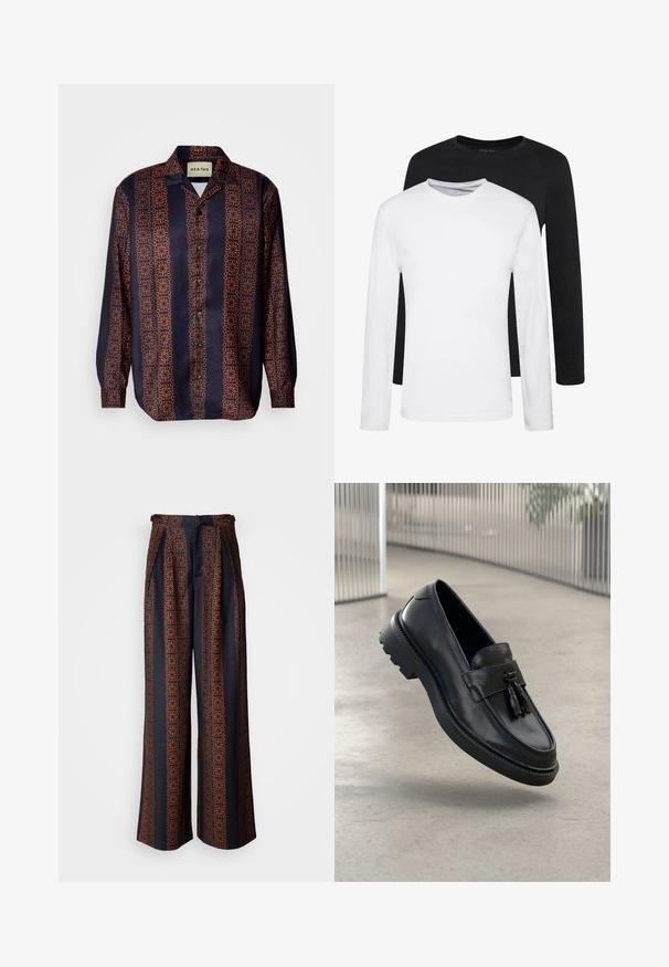 Tamsiai mėlyna mygtukų marškiniai su gėlių geometriniu raštu oranžinės atspalviuose. Turinti apykaklę ir ilgomis rankovėmis su mygtukais.; Du švarkai su ilgomis rankovėmis, vienas juodas ir vienas baltas, pagaminti iš medvilnės, su apvaliais iškirpimais ir lygiu paviršiumi, išdėstyti sluoksniuotai.; Plati kelnės tamsiai mėlynos spalvos audinyje su sudėtingu oranžiniu geometriniu raštu, su surinktu priekiu ir prigludusia juosmens linija.; Juodi odiniai bateliai be užsegimo su lygiu paviršiumi, dekoratyvine kutu, stora guminė pado danga ir siūtais akcentais. Lengvi ir elegantiško dizaino.