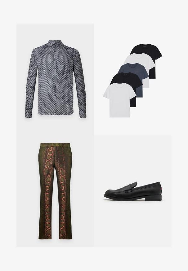 Langermet skjorte med knapper i mørk marineblått med et gjentatt hvitt blomstermønster. Har spiss krage og frontknapper. Glatt stofftekstur.; Sett av fem t-skjorter i svart, hvit og marineblå. 100% bomull, kortermet, rund halsdesign og ensfarget uten mønstre.; Grønne mønstrede bukser med et slangeprint-design i nuancer af brun og orange, lige snit og en glat tekstur.; Sorte lærlofter med en glat overflade, rund tå og en lille dekorativ flap. Har en lav stablet hæl og diskret brandingdetalje.