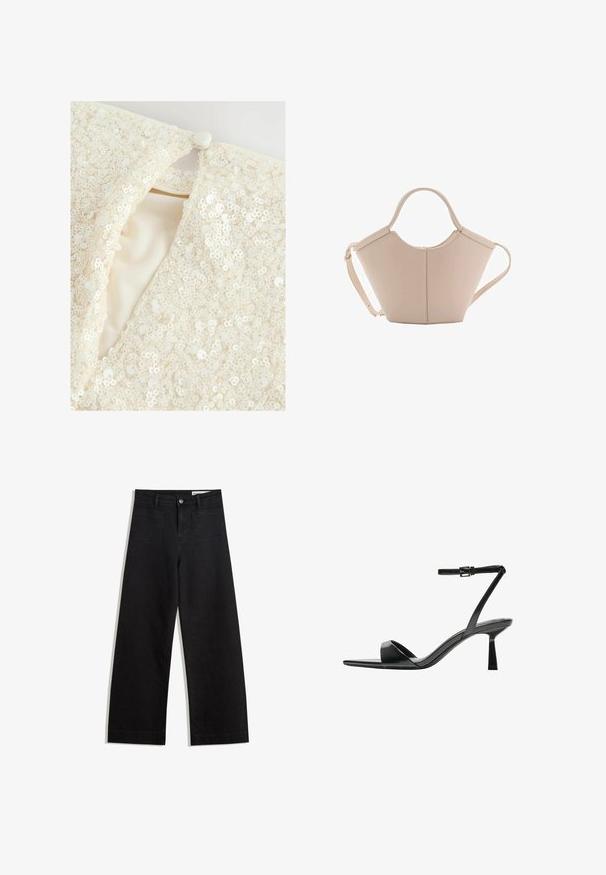 Vêtement beige avec un embellissement de sequins détaillé, doté d'une fermeture à boutons et d'une doublure intérieure lisse. La texture est brillante et réfléchissante.; Pantalon en denim noir à jambes larges avec une taille haute, comprenant des poches avant et arrière, des coutures piquées et une fermeture à bouton. Texture lisse.; Bershka Sandales à talons hauts - black; Sac à main en cuir beige avec une forme unique, doté de deux poignées courtes et d'une longue sangle réglable. Texture lisse avec un minimum de matériel.