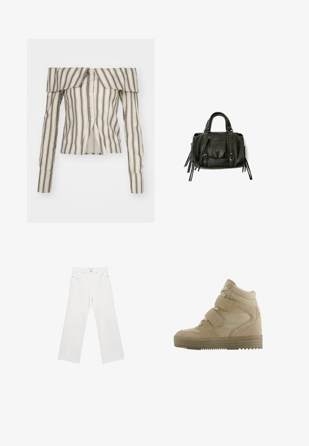 Jaded London OFF SHOULDER - Blúzka so zapínaním na gombíky - multi; Biele denímové nohavice s širokými nohavicami, ktoré majú klasický dizajn s piatimi vreckami, kovovú sponu a kontrastné prešívanie. Hladká textúra a voľný strih.; Béžové vysoké tenisky s designom z semišu a sieťoviny, nastaviteľné suché zipsy a hrubá gumová podrážka s cik-cak vzorom.; Čierna kožená kabelka s vrkočovými uchami, zipsovou kapsou a zavesenými strapcami. Textúrovaný povrch s kovovými cvokmi a akcentmi z kovu.