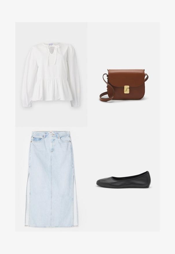 White cotton blouse with long sleeves, tie detail at neckline, and gathered peplum hem. Soft texture with a relaxed fit.; White short-sleeve t-shirt made of ribbed fabric. Round neckline, regular fit, and subtle stitching details. No patterns or graphics.; Light blue denim maxi skirt with a straight cut, featuring side slits and five-pocket design. Prominent stitching and metal button closure.; Black leather ballet flat with a rounded toe, smooth texture, minimal stitching detail, and a flexible sole design.; Brown leather handbag with a flap closure, gold-tone hardware, a shoulder strap, and a smooth texture. Compact rectangular shape.