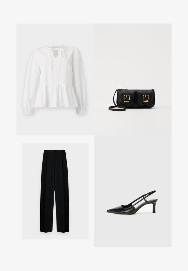 Valge puuvillane pluus pikkade varrukatega, nööriga detail kaeluses ja volditud peplum-äärega. Pehme tekstuur ja mugav lõige.; Mustad laiad püksid kõrge vöökohtaga, millel on voldid ja sujuv tekstuur. Kanga välimus on kerge ja see ripub elegantselt.; Mustmust paelad, millel on terav varvas, tekstuuriga maduprindiga, reguleeritav rihm ja lühike tekstuuriga plokknina.; Must küllastamata nahast õlakott, millel on kaks esist nähtavat taskut, kuldsed pandlad, tõmblukuga sulgemine ja peen rihm. Tekstuuriga pind ja kompaktne ristkülikukujuline kuju.