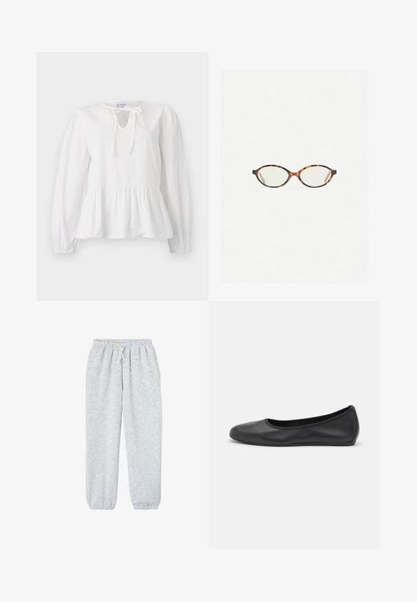 Hvid bomuldsbluse med lange ærmer, bånddetalje ved udskæringen og samlet peplumkant. Blød tekstur med en afslappet pasform.; Grå sweatpants lavet af blødt stof, med en elastisk talje med snor og elastiske manchetter ved anklerne.; Sort læderballetsko med rund tå, glat tekstur, minimal syning og et fleksibelt såldesign.; Skildpaddebriller med ovale linser og en elegant, glat finish. Har tynde sider med en subtil kurve ved tindingerne. Klare linser.; Brun læder håndtaske med flaplukning, hardware i gyldent tone, en skulderrem og en glat overflade. Kompakt rektangulær form.