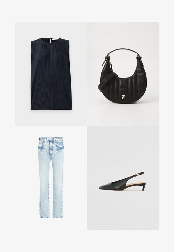 Fekete ujjatlan felső, kerek nyakkal és kulcslyuk hátvéggel. Függőleges redők adják meg a textúrát. Sima anyag, enyhe fényességgel.; Világoskék farmernadrág egyenes lábakkal, öt zsebbel és elhalványult textúrával. Látható varrásokkal és klasszikus gombos záródással rendelkezik.; Fekete bőr slingback sarkú cipő, hegyes orral, alacsony sarokkal és állítható bokapánttal, aranyszínű csattal. Simább textúra.; Fekete bőrtáska ívelt formával, steppelt textúrával és arany hardware-rel. Levehető vállpánttal és logó részlettel rendelkezik.