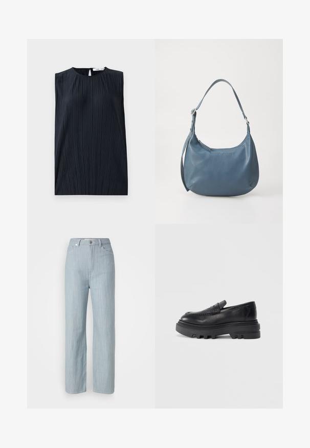Fekete ujjatlan felső, kerek nyakkal és kulcslyuk hátvéggel. Függőleges redők adják meg a textúrát. Sima anyag, enyhe fényességgel.; Világoskék egyenes szárú farmernadrág. Öt zsebbel, fém gombos záródással és finom kopási hatással a textúra érdekében rendelkezik.; Fekete bőrpántos lófaragott cipő tömör fekete talppal és texturált pánt részlettel. A sima felület és a lekerekített forma kiemeli kortárs dizájnját.; Kerekded formájú, kék bőr kézitáska, egyetlen vállpánttal, cipzárral záródik, az elülső részen domborított márkanevével. Simák a textúrája.