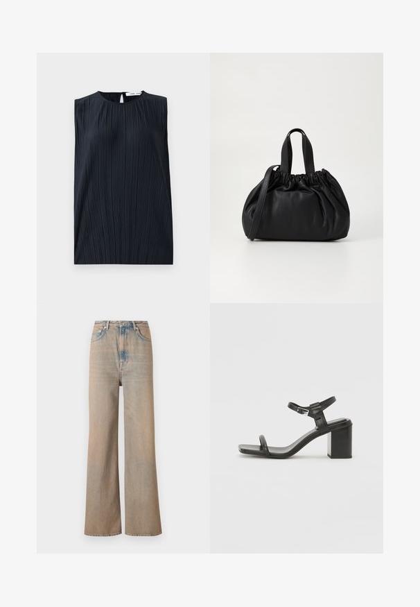 Musta hihaton paita, jossa on pyöreä kaula-aukko ja avonainen takaosa. Sisältää pystysuoria poimuja tekstuurin luomiseksi. Sileä kangas, jossa on lievää kiiltoa.; Vaaleanpesua tehty leveälahkeiset farkut, joissa on korkea vyötärö, valmistettu denimestä. Ominaisuuksia ovat hienovarainen ommel ja viisi taskua, sekä hieman haalistunut pinta.; Musta nahkainen, paksupohjainen sandaali, jossa on leveä remmi varvasrengasta vastaan ja säädettävä nilkkaremmi, tyylikkäällä ja minimalistisella designilla.; Musta nahkabag, jossa on kerätty yläosa. Varustettu kahdella lyhyellä kantokahvalla ja pitkällä säädettävällä hihnalla. Sileä pinta, pyöreä muoto.