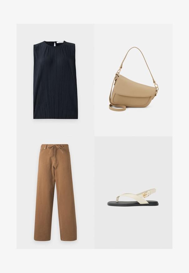 Čierny bezrukávový top s okrúhlym výstrihom a otvorom na chrbte. Má vertikálne záhyby pre textúru. Hladká tkanina s jemným leskom.; Hnedé nohavice so širokými nohavicami vyrobené z bavlny, so sťahovacím pásom a dvoma prednými vreckami. Štruktúrovaná tkanina s hladkým povrchom.; Ploché sandále s čiernou podrážkou. Vrchná časť má prekrížené popruhy v béžovej farbe, s detailom zlatého pracky na popruhu okolo členku. Hladká textúra.; Even&Odd Kabelka - beige