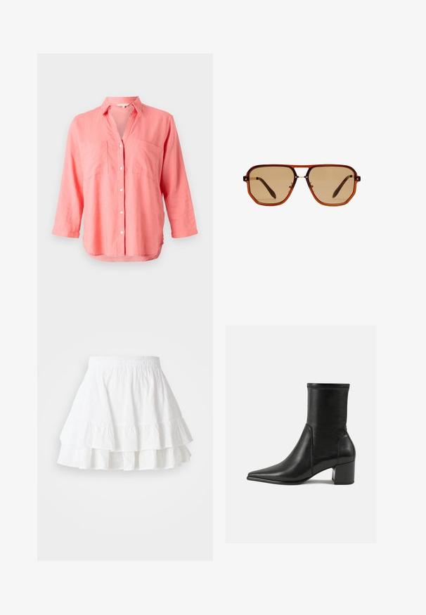 Coral linen shirt with a notched collar, button-front closure, and two chest pockets. Features long sleeves and a slightly curved hem.; White tiered skirt made of lightweight fabric with eyelet pattern and ruffled hem. Features an elastic waistband for comfort.; Black ankle boot made of smooth leather, featuring a pointed toe, a block heel, and distinct raised stitching at the top edge.; Brown octagonal sunglasses with a transparent amber frame and brown-tinted lenses. Features a metal accent at the bridge and slender temples.; Brown suede tote bag with dual handles, a button closure strap, and a relaxed, slightly slouchy shape.