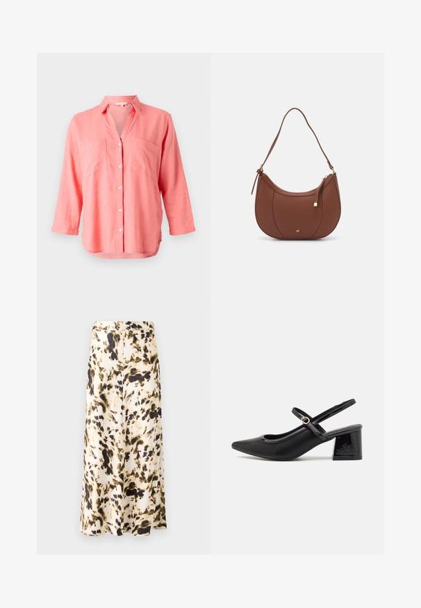 Coral linen shirt with a notched collar, button-front closure, and two chest pockets. Features long sleeves and a slightly curved hem.; White short-sleeve blouse with a wrap design, featuring subtle draping at the hem and a smooth, soft texture. Label reads "ANNA FIELD."; A knee-length skirt in a light fabric with a beige, brown, and green abstract pattern. Features a fitted waistband and flowing design.; Black patent leather slingback heels with a pointed toe, a rounded cutout design, and a block heel. Features a gold-tone buckle accent.; Brown faux leather shoulder bag with curved shape, minimal stitching, and a gold-tone hardware accent. Features a top zipper closure and adjustable strap.