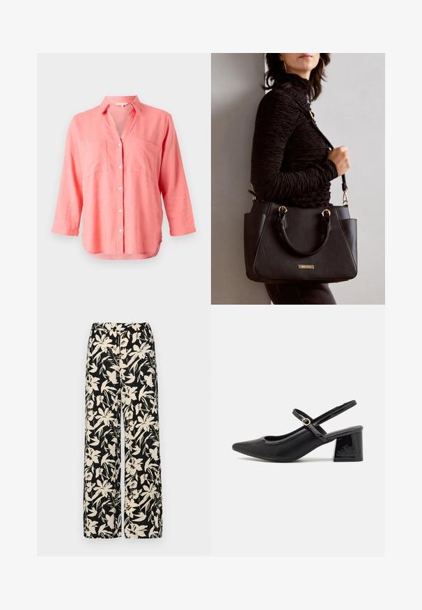 Camisa de lino coral con cuello de muesca, cierre de botones en la parte delantera y dos bolsillos en el pecho. Presenta mangas largas y un dobladillo ligeramente curvado.; Pantalones de pierna ancha negros con un patrón floral crema. Fabricados en un tejido ligero, con una textura suave y una cintura alta.; Tacones slingback de charol negro con punta afilada, un diseño de corte redondeado y tacón bloque. Incluye un detalle de hebilla en tono dorado.; Bolso negro con superficie texturizada, doble asa superior y correa para hombro ajustable. Presenta herrajes en tono dorado y bolsillos laterales.