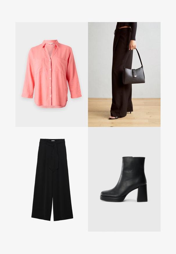 Korall színű lenvászon ing, kivágott gallérral, gombos elülső zárással és két mellzsebbel. Hosszú ujjakkal és enyhén ívelt alsó résszel rendelkezik.; Fekete, bő szárú nadrág, texturált anyagból, rugalmas derékpánttal és levehető sállal a derekán, amely állítható illeszkedést biztosít.; Fekete bőr bokacsizma tömbsarkal és platform talppal, oldalról nézve, sima fehér háttéren.; Fekete kézi táska strukturált formával, sima textúrával és fémből készült záródással. Széles fekete nadrággal és nyitott orrú szandállal párosítva, fából készült padlón.