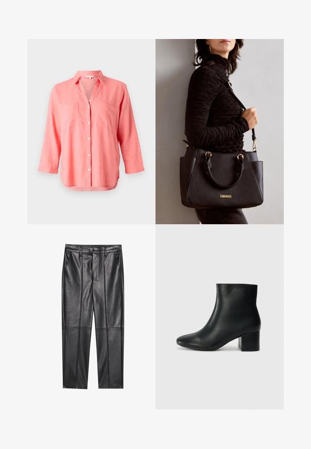 Coral linen shirt with a notched collar, button-front closure, and two chest pockets. Features long sleeves and a slightly curved hem.; Black leather trousers with a smooth texture, featuring a straight fit, two front pockets, and visible seam detailing.; Black leather ankle boots with a pointed toe and a chunky heel. Smooth texture with minimal accents and a sleek, fitted design.; Black handbag with textured surface, dual top handles, and adjustable shoulder strap. Features gold-tone hardware and side pockets.