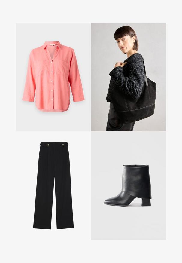 Koraal kleurige linnen shirt met een afgeplat kraag, knoopsluiting aan de voorkant en twee borstzakken. Het shirt heeft lange mouwen en een licht gebogen zoom.; Zwarte wijde broek met hoge taille, knoopdetails op de tailleband en plooien aan de voorkant.; Zwarte leren enkellaars met een spitse neus, een zachte textuur en een gestructureerde blokhak. Kenmerkt zich door een hoge, gevouwen kraag.; Zwarte suede schoudertas met een gladde textuur, gestructureerde vorm en contrasterende stiksels. Voorzien van lange hengsels voor schouderdraag.