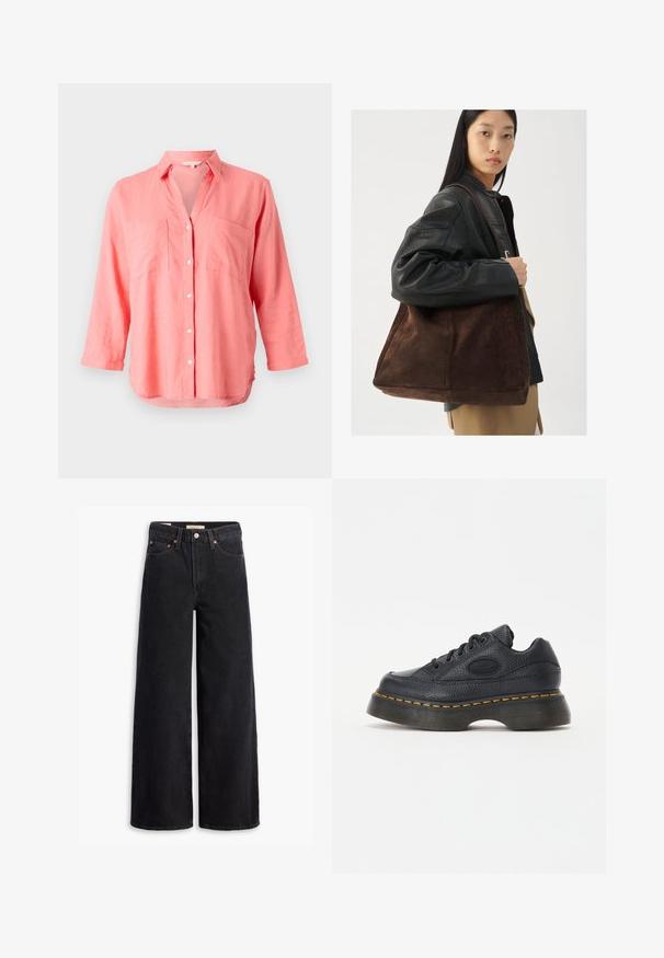 Camicia in lino corallo con colletto a punte, chiusura frontale con bottoni e due tasche sul petto. Presenta maniche lunghe e un orlo leggermente curvo.; Jeans neri a gamba larga in denim, dotati di cinque tasche, rivetti in rame e chiusura con bottone classico. Texture liscia con un design pulito.; Sneaker in pelle nera con finitura texturizzata, punta rotonda e suola piatta spessa. Presenta cuciture di accento giallo e logo laterale del marchio.; Borsa tote in suede marrone con forma ampia e texture morbida, caratterizzata da una strap singola e hardware minimale su uno sfondo neutro.