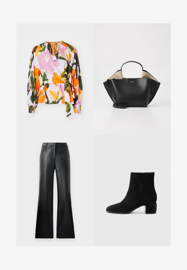 Bluse mit Blumenmuster, die rosa und orangefarbene Blumen auf einem helllila Hintergrund zeigt. Lange Ärmel mit Raffdetails und verstellbarem Knoten am Hals.; Schwarze, ausgestellte Lederhosen mit glatter Textur, die zwei Vordertaschen mit schwarzen und braunen Akzenten in der Taille aufweisen.; Casadei MUNY - Ankle Boot - black; Ree Projects ANN TOTE MINI - Handtasche - black
