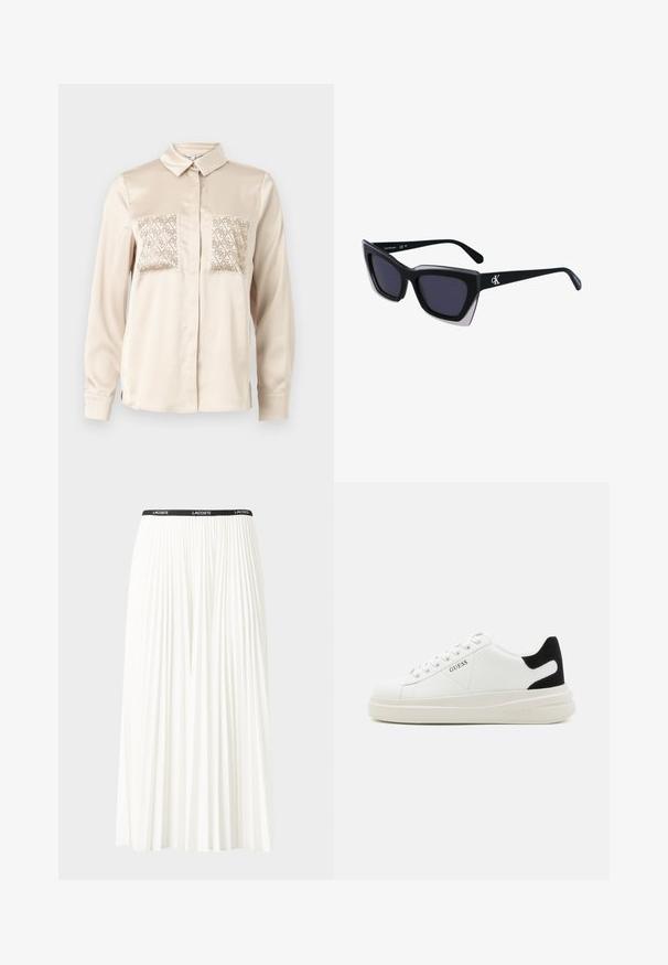 Košile na knoflíky v béžovém saténu s dlouhými rukávy, s dvěma dekorativními kapsami s geometrickými výřezovými vzory na hrudi.; Záhybová bílá sukně s černým elastickým pasem s logem "LACOSTE". Suška je střední délky a má jemnou texturu.; Bílé kožené tenisky s tlustou bílou podrážkou, černým semišovým akcentem na patě a vyraženým logem na boku. Šněrovací design se šesti očka.; Černé oversized sluneční brýle geometrického tvaru, s tmavými skly a kontrastním šedým detailem na rámu. Logo na rameni.