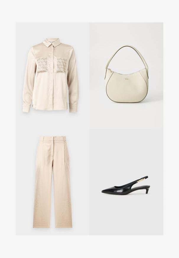 Košeľa na gombíky v béžovom saténe s dlhými rukávmi, obsahujúca dve dekoračné vrecká s geometrickými výrezmi na hrudi.; Béžové nohavice vyrobené z hladkej látky. Majú rovný strih, plochý predok a dve záhyby. Bez viditeľných vzorov alebo hardvéru.; Čierne kožené slingback opätky s špicatou špičkou, s úzkym opätkom a zlatým detailom na nastaviteľnom remienku. Hladká textúra.; Krémová kabelka s textúrovaným povrchom, zakriveným tvarom, krátkym uchom a detailom loga v zlatom tóne. Zapínanie na zips na vrchu.