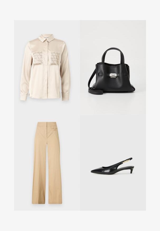 Camicia a maniche lunghe in satin beige, con due tasche decorative sul petto con motivi geometrici intagliati.; Pantaloni beige a gamba larga realizzati in tessuto misto cotone. Caratterizzati da una texture liscia, una vita elastica e un dettaglio con bottone laterale.; Tacchi slingback in pelle nera con punta affusolata, caratterizzati da un tacco alto e un accento dorato sulla cinghia regolabile. Texture liscia.; Borsa a tracolla in pelle nera con finitura textured, dotata di due manici superiori, una tracolla rimovibile e un dettagli di chiusura in argento.
